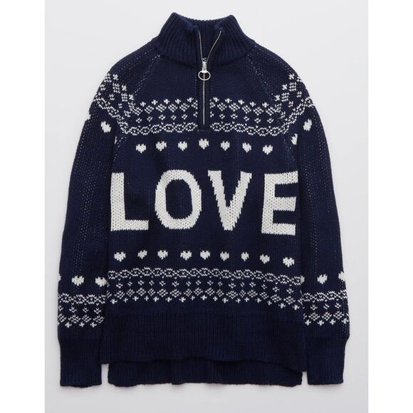 Aerie Festive Feels! Quarter Zip Oversized Sweater Love Fair Isle Blue Size S - Picture 1 of 13